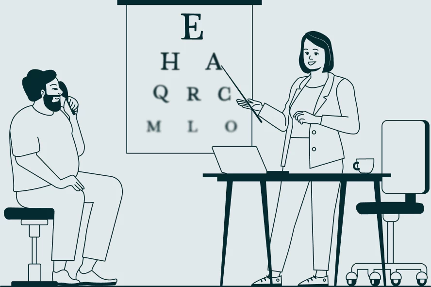 Optometrist working with a patient and eye chart.