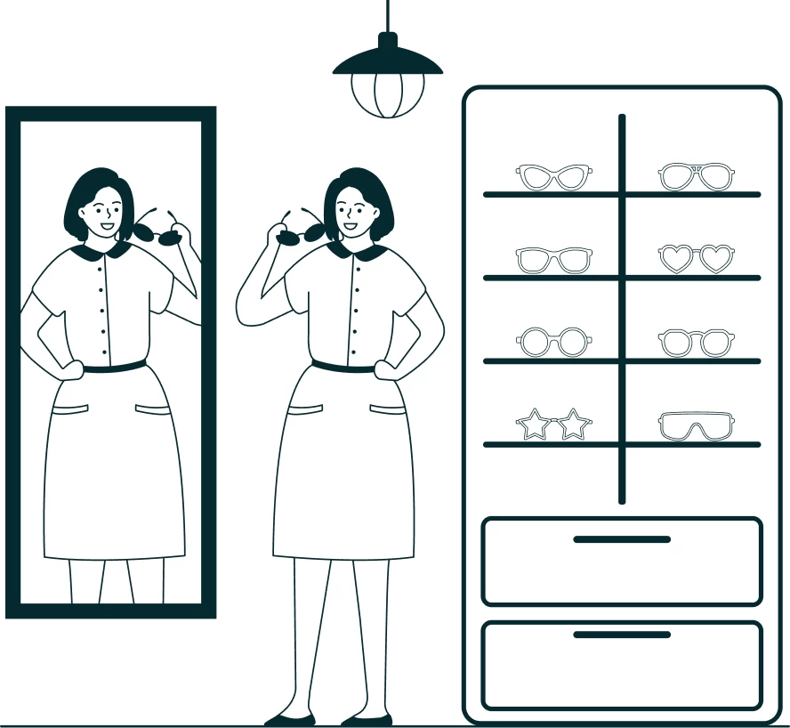 Illustration of a woman trying on eyeglasses in an optometry office.